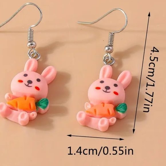 Earrings Rabbit Easter Bunny Carrot Dangle Fun Festive Cute Pink Holiday Trendy - Picture 3 of 3